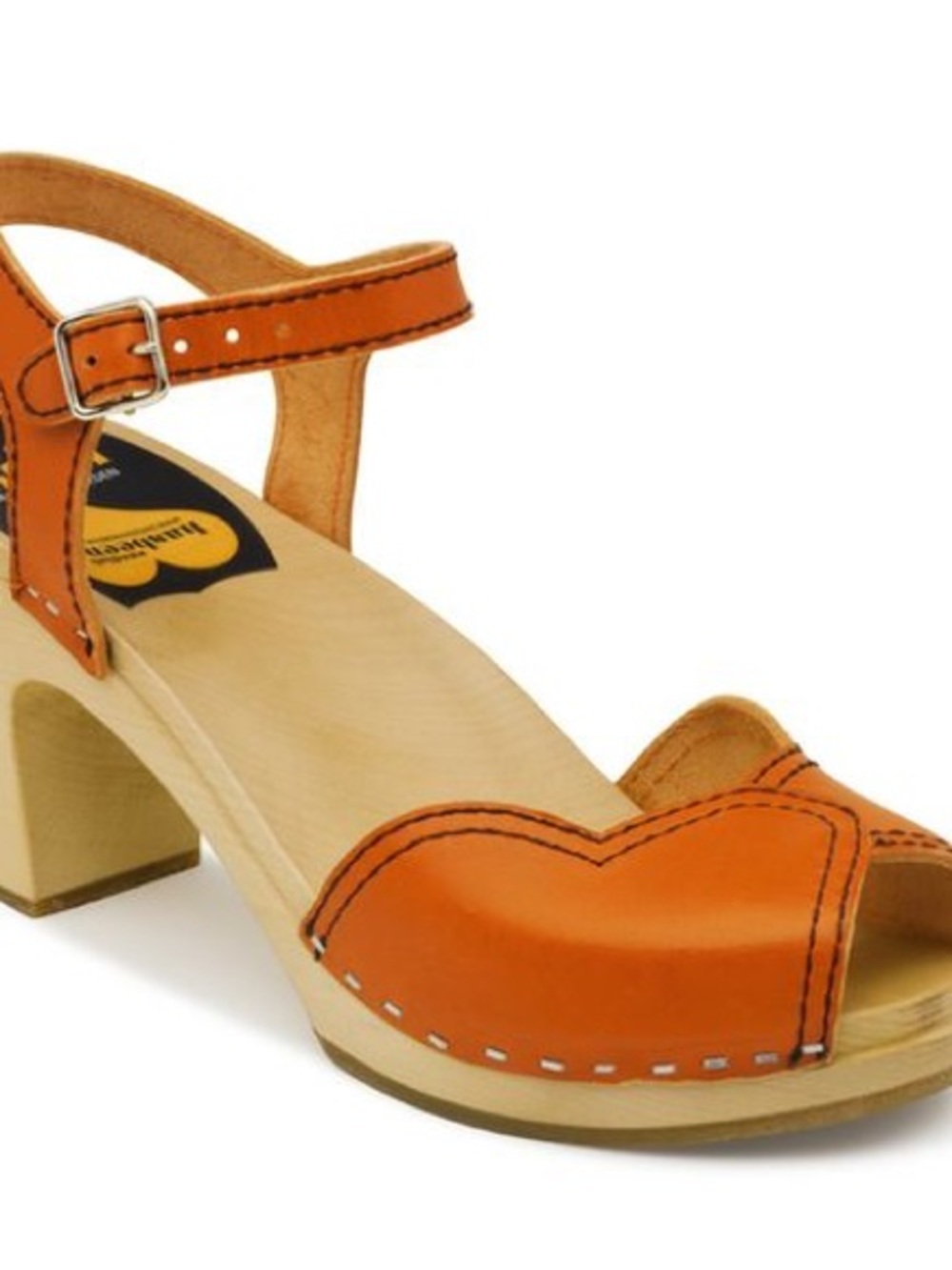 Swedish Hasbeens Orange Heart-Toe Block Heels with Ankle Buckle